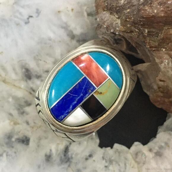 Carolyn Pollack Vintage Sterling Oval Multi-gemstone Inlay Shield Ring For Women - Picture 1 of 10